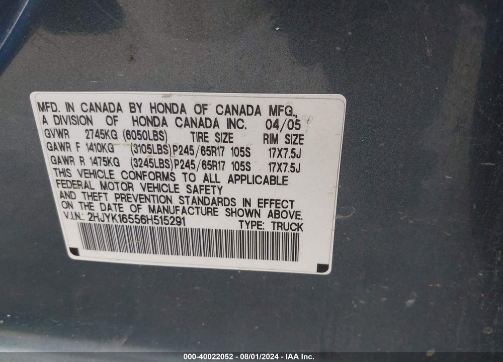 2006 HONDA RIDGELINE RTL VIN: 2HJYK16556H515291