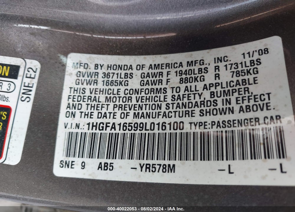 2009 HONDA CIVIC LX VIN: 1HGFA16599L016100