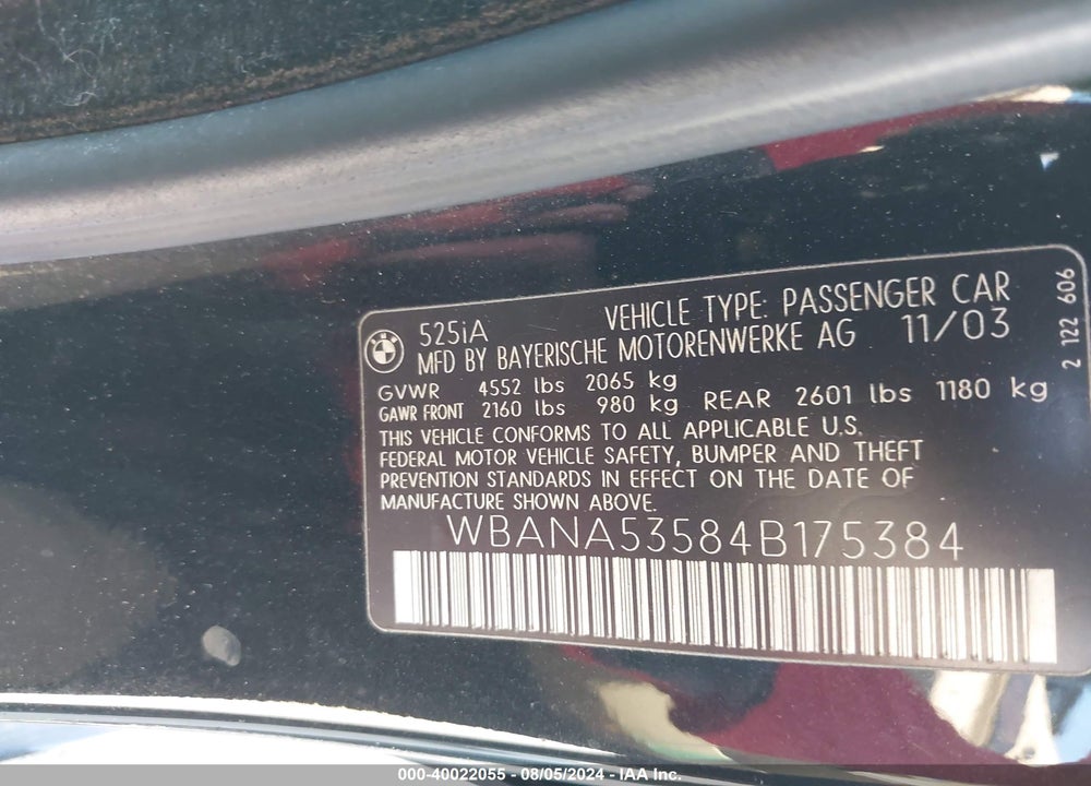 2004 BMW 525I VIN: WBANA53584B175384
