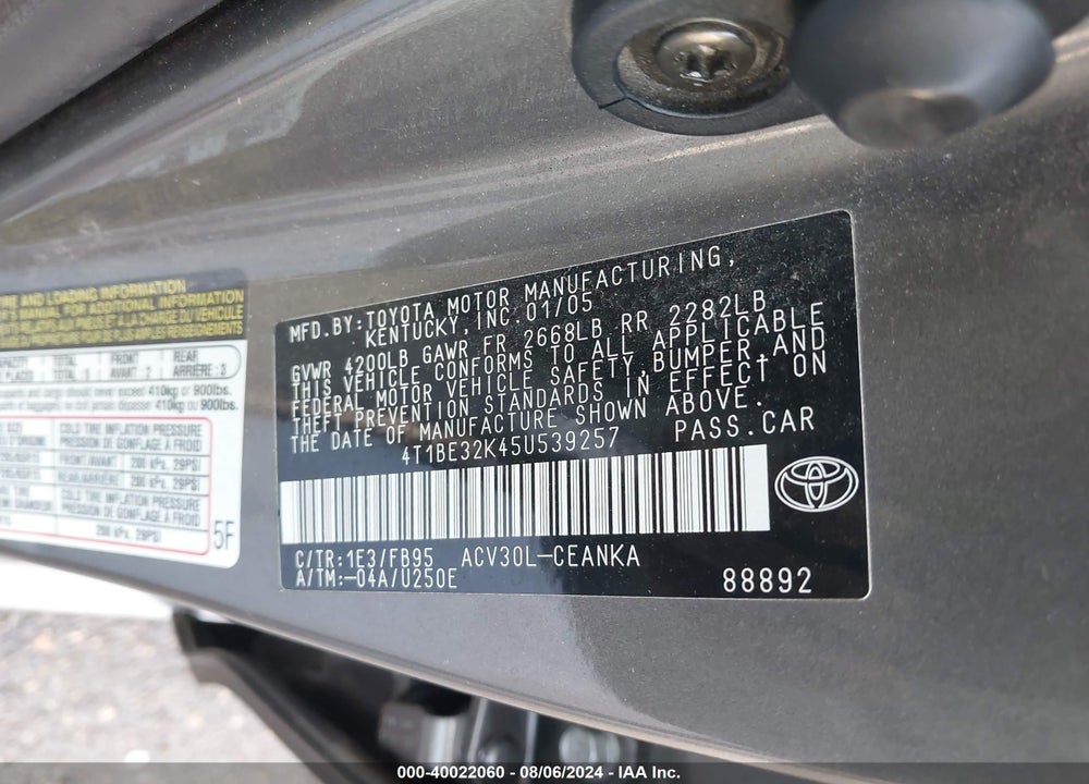 2005 TOYOTA CAMRY LE VIN: 4T1BE32K45U539257