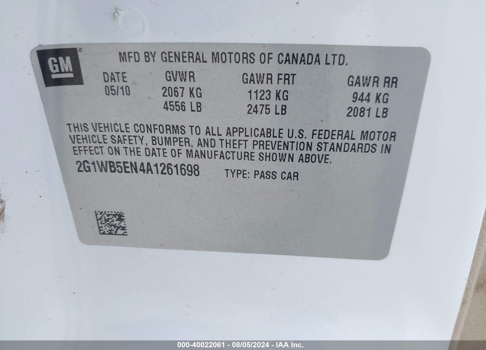2010 CHEVROLET IMPALA LT VIN: 2G1WB5EN4A1261698