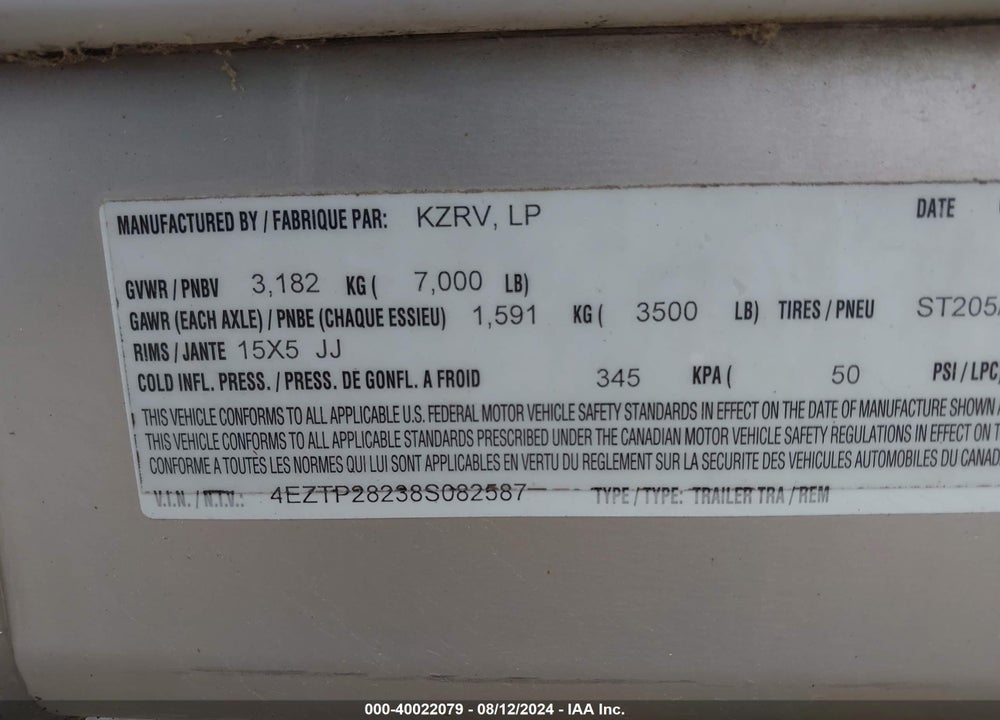 2008 KZ SPREE TRAVEL TRAILERS VIN: 4EZTP28238S082587