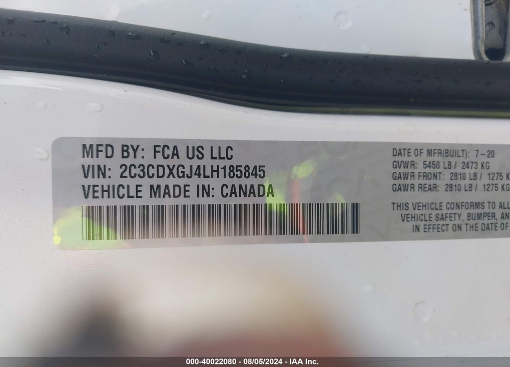 2020 DODGE CHARGER SCAT PACK RWD VIN: 2C3CDXGJ4LH185845
