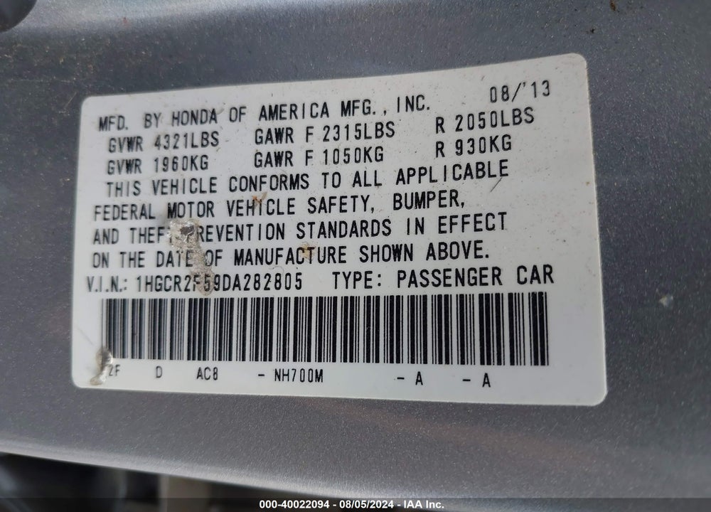 2013 HONDA ACCORD SPORT VIN: 1HGCR2F59DA282805