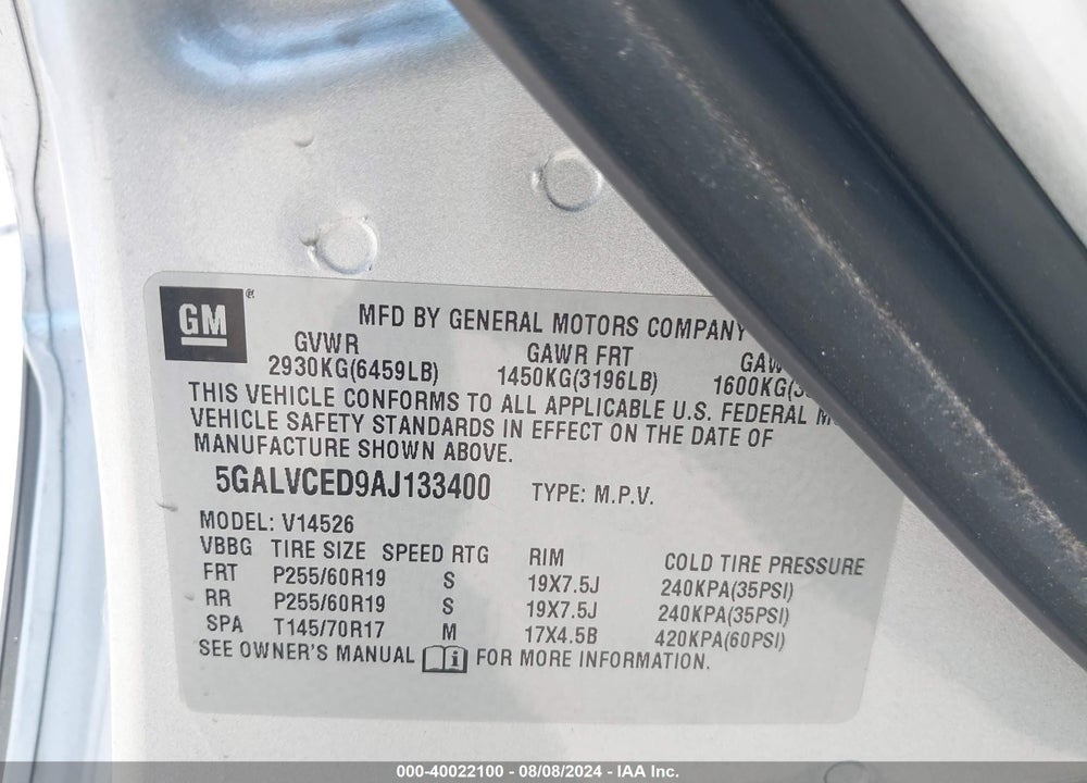 2010 BUICK ENCLAVE 2XL VIN: 5GALVCED9AJ133400