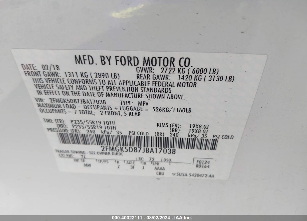 2018 FORD FLEX LIMITED VIN: 2FMGK5D87JBA17038