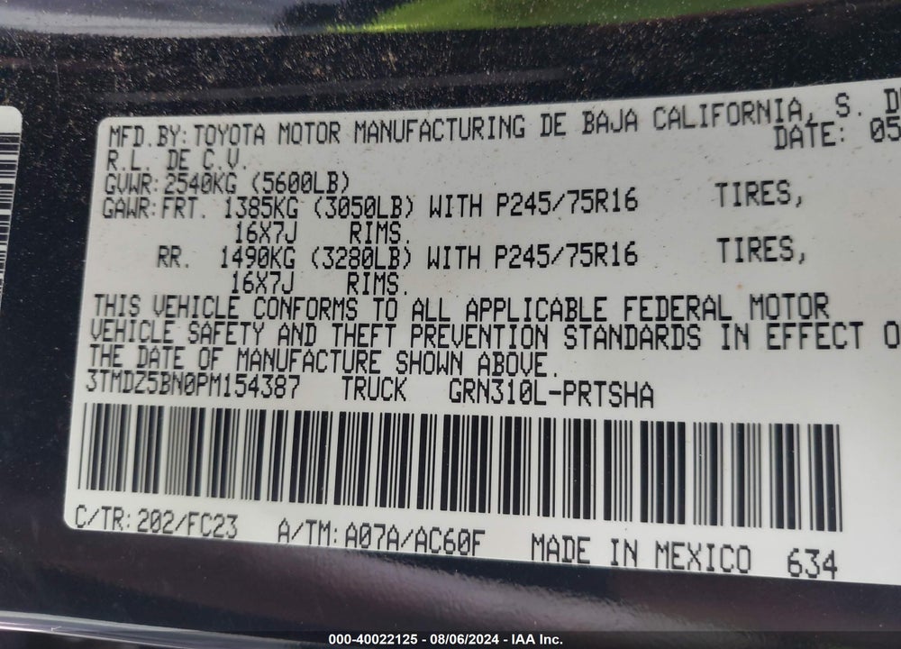 2023 TOYOTA TACOMA SR5 V6 VIN: 3TMDZ5BN0PM154387