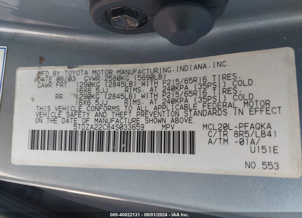 2004 TOYOTA SIENNA XLE VIN: 5TDZA22C84S033659