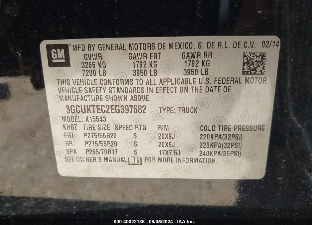 2014 CHEVROLET SILVERADO 1500 HIGH COUNTRY VIN: 3GCUKTEC2EG397682