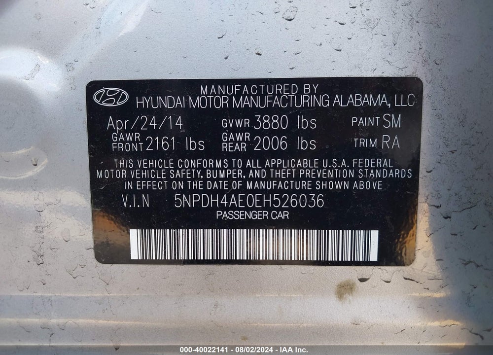 2014 HYUNDAI ELANTRA SE VIN: 5NPDH4AE0EH526036