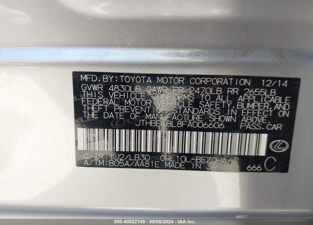2015 LEXUS GS 350 VIN: JTHBE1BL8FA006606