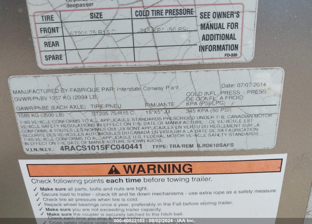 2015 INTERSTATE WEST CORP --- VIN: 4RACS1015FC040441