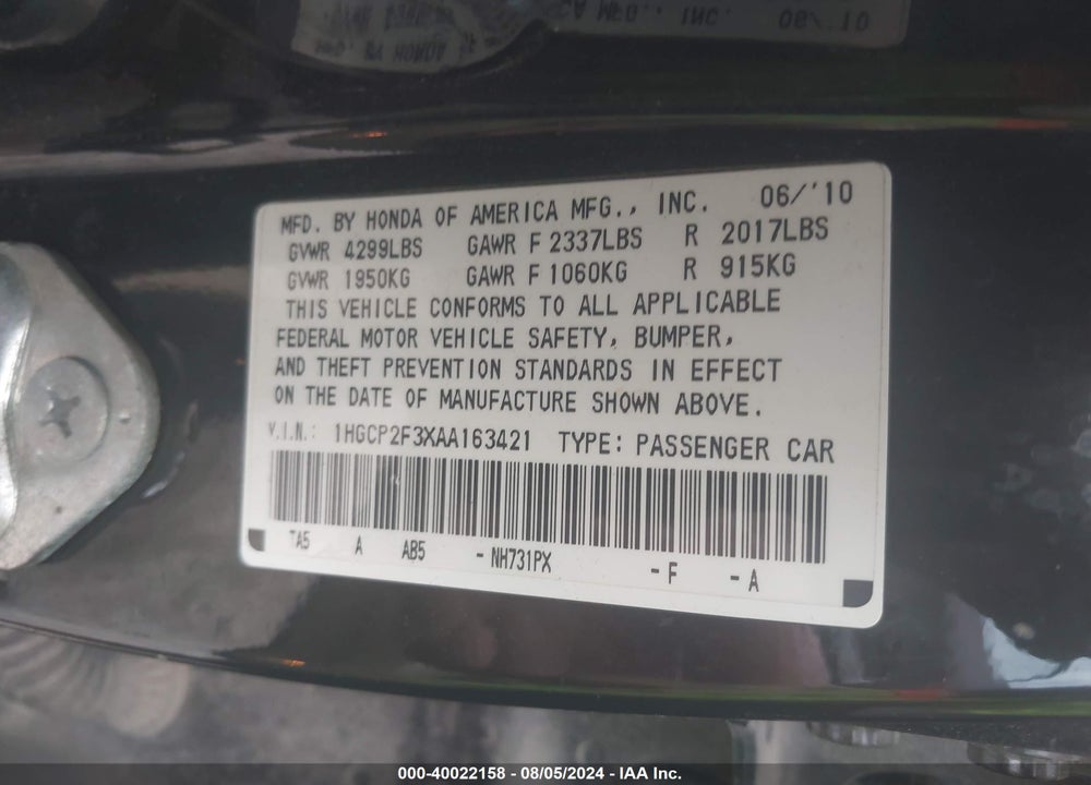 2010 HONDA ACCORD 2.4 LX VIN: 1HGCP2F3XAA163421