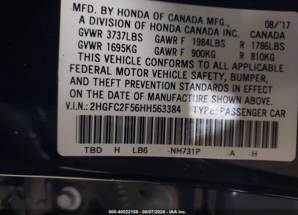 2017 HONDA CIVIC LX VIN: 2HGFC2F56HH563384