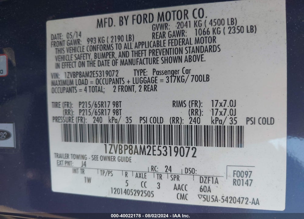 2014 FORD MUSTANG V6 VIN: 1ZVBP8AM2E5319072