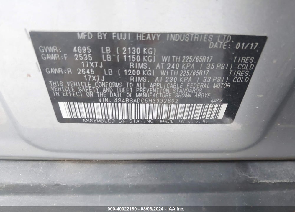 2017 SUBARU OUTBACK 2.5I PREMIUM VIN: 4S4BSADC5H3332602
