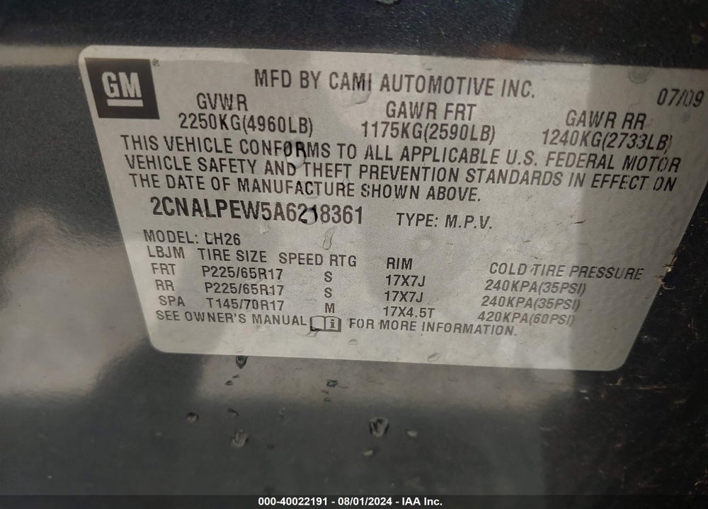 2010 CHEVROLET EQUINOX LT VIN: 2CNALPEW5A6218361
