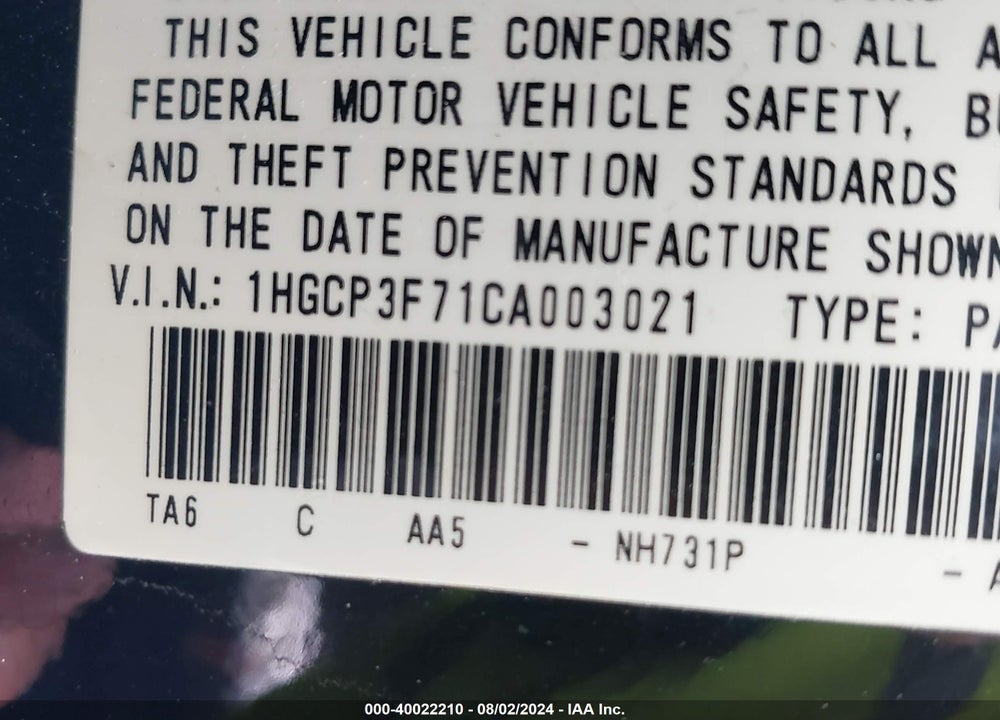 2012 HONDA ACCORD 3.5 EX VIN: 1HGCP3F71CA003021