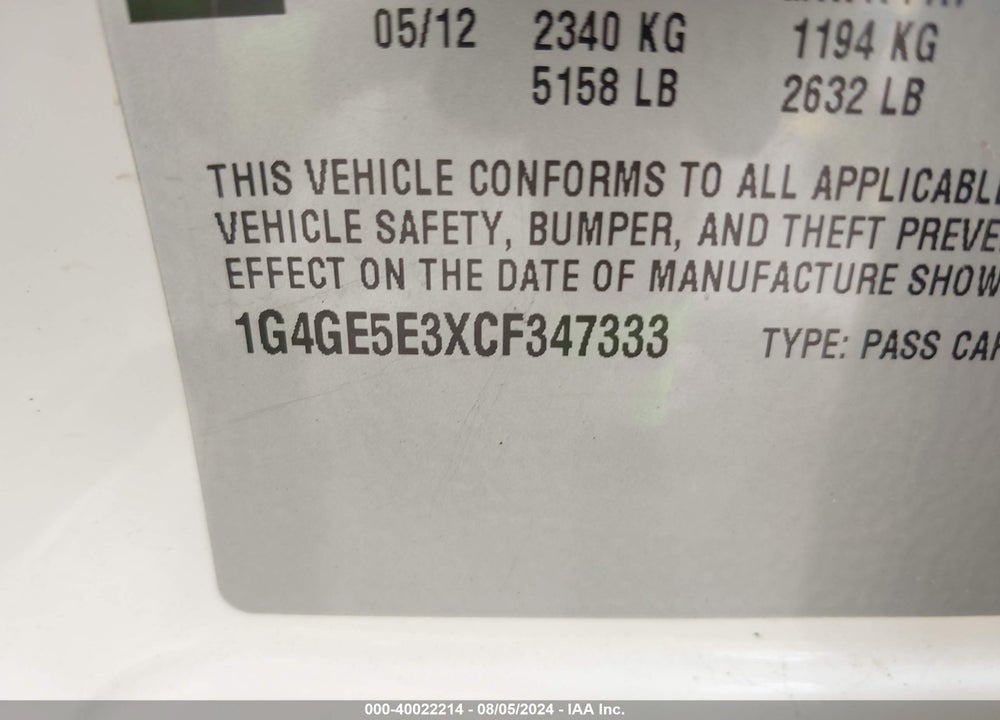 2012 BUICK LACROSSE PREMIUM 1 GROUP VIN: 1G4GE5E3XCF347333