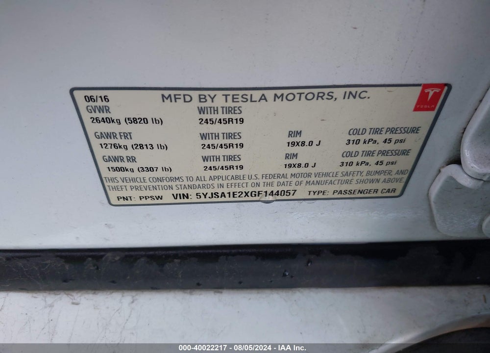 2016 TESLA MODEL S 60D/70D/75D/85D/90D VIN: 5YJSA1E2XGF144057