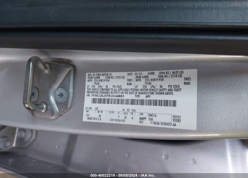 2014 FORD ESCAPE TITANIUM VIN: 1FMCU0JX7EUC44883