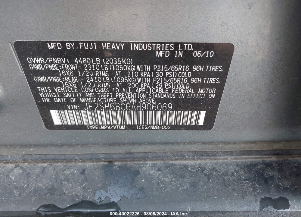 2010 SUBARU FORESTER 2.5X VIN: JF2SH6BC6AH906069