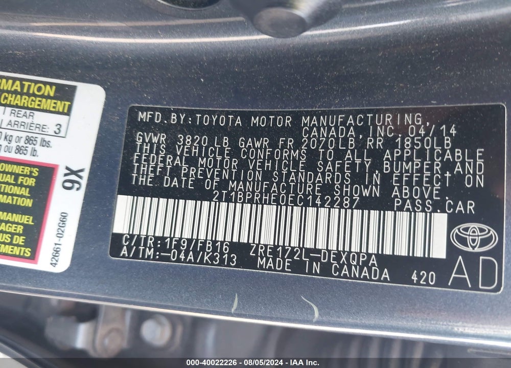 2014 TOYOTA COROLLA LE ECO VIN: 2T1BPRHE0EC142287