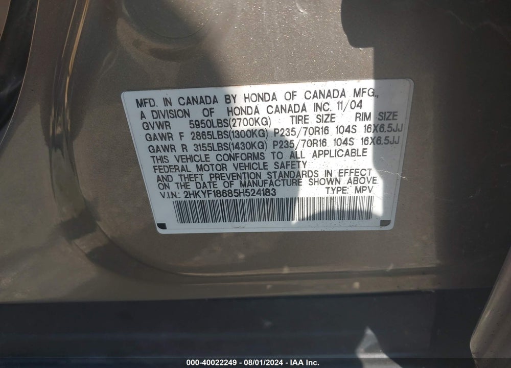 2005 HONDA PILOT EX-L VIN: 2HKYF18685H524183