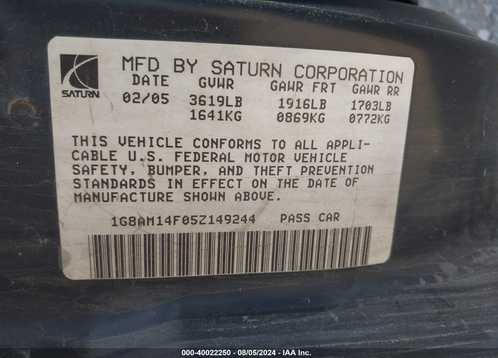 2005 SATURN ION 2 VIN: 1G8AM14F05Z149244