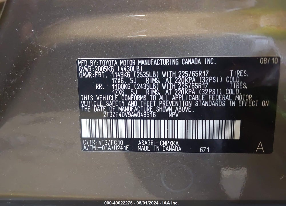 2010 TOYOTA RAV4 VIN: 2T3ZF4DV9AW048516