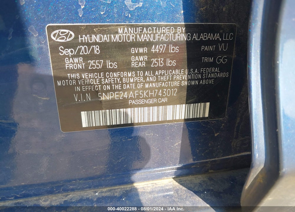 2019 HYUNDAI SONATA SE VIN: 5NPE24AF5KH743012