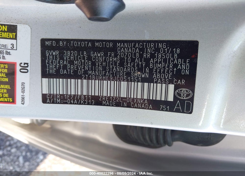 2018 TOYOTA COROLLA LE VIN: 2T1BURHE9JC051151