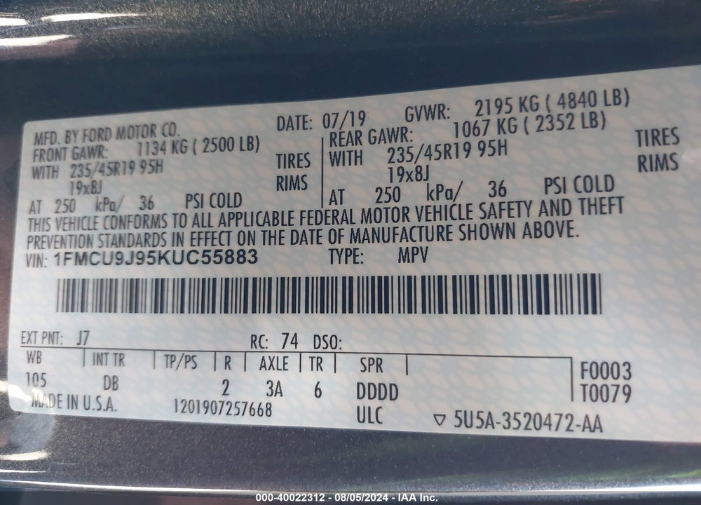 2019 FORD ESCAPE TITANIUM VIN: 1FMCU9J95KUC55883