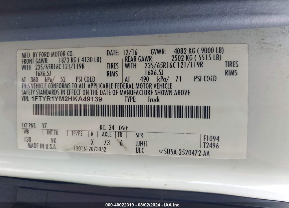 2017 FORD TRANSIT-250 VIN: 1FTYR1YM2HKA49139
