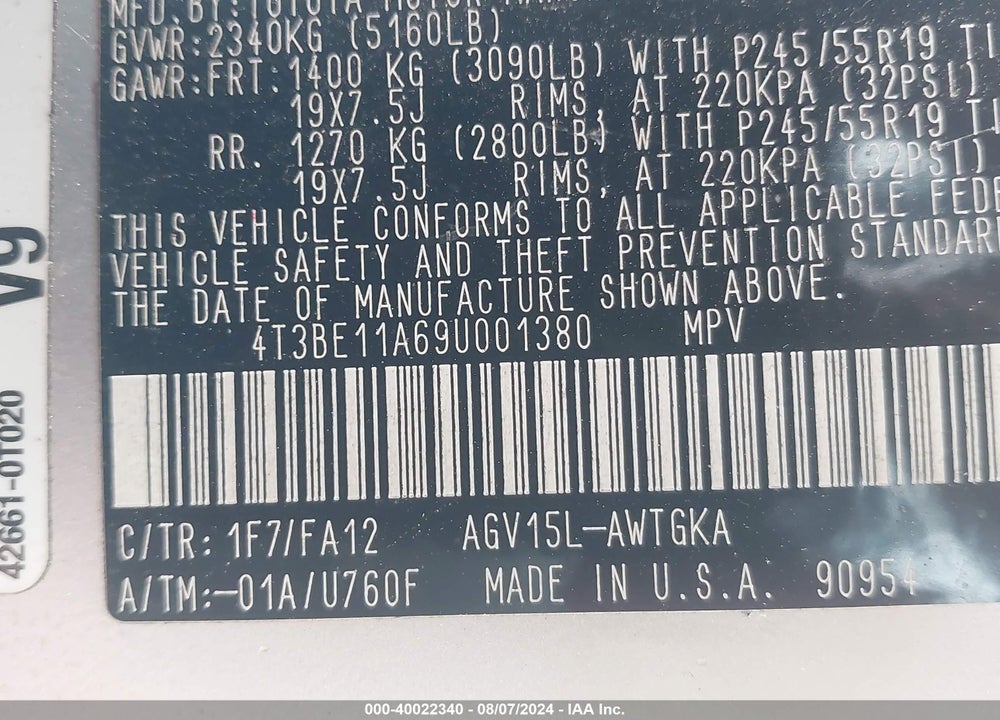 2009 TOYOTA VENZA VIN: 4T3BE11A69U001380