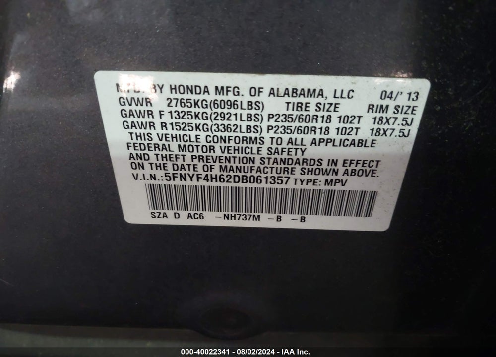 2013 HONDA PILOT EX-L VIN: 5FNYF4H62DB061357