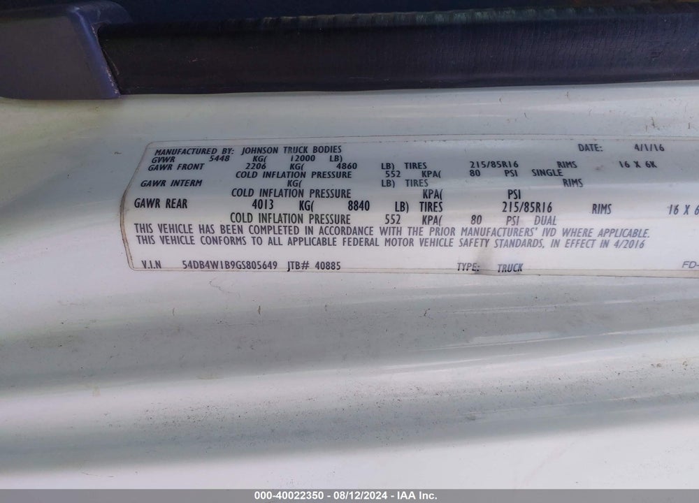 2016 ISUZU NPR GAS REG IBT PWL VIN: 54DB4W1B9GS805649
