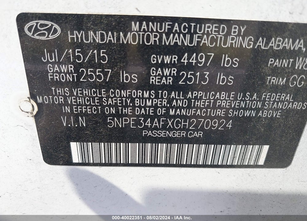 2016 HYUNDAI SONATA VIN: 5NPE34AFXGH270924