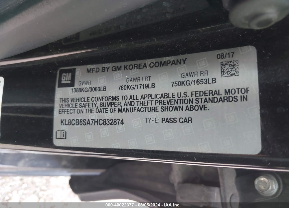 2017 CHEVROLET SPARK LS CVT VIN: KL8CB6SA7HC832874
