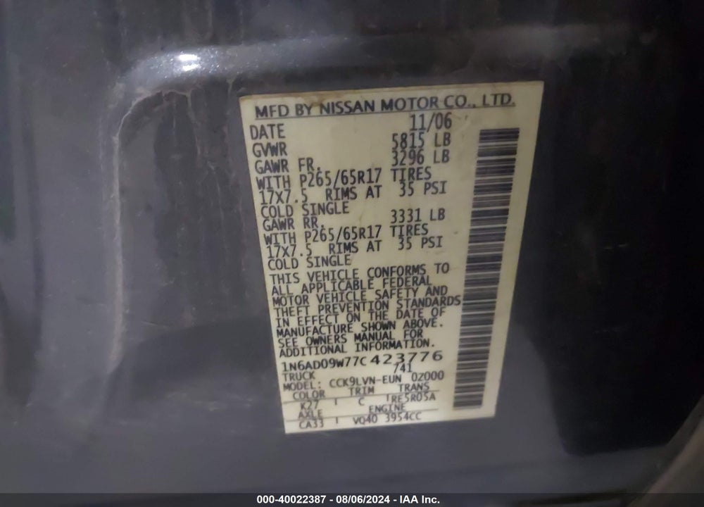 2007 NISSAN FRONTIER LE VIN: 1N6AD09W77C423776