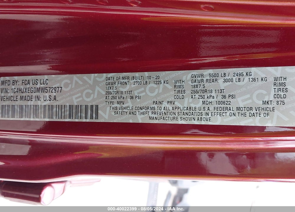 2021 JEEP WRANGLER UNLIMITED SAHARA 4X4 VIN: 1C4HJXEG0MW572977