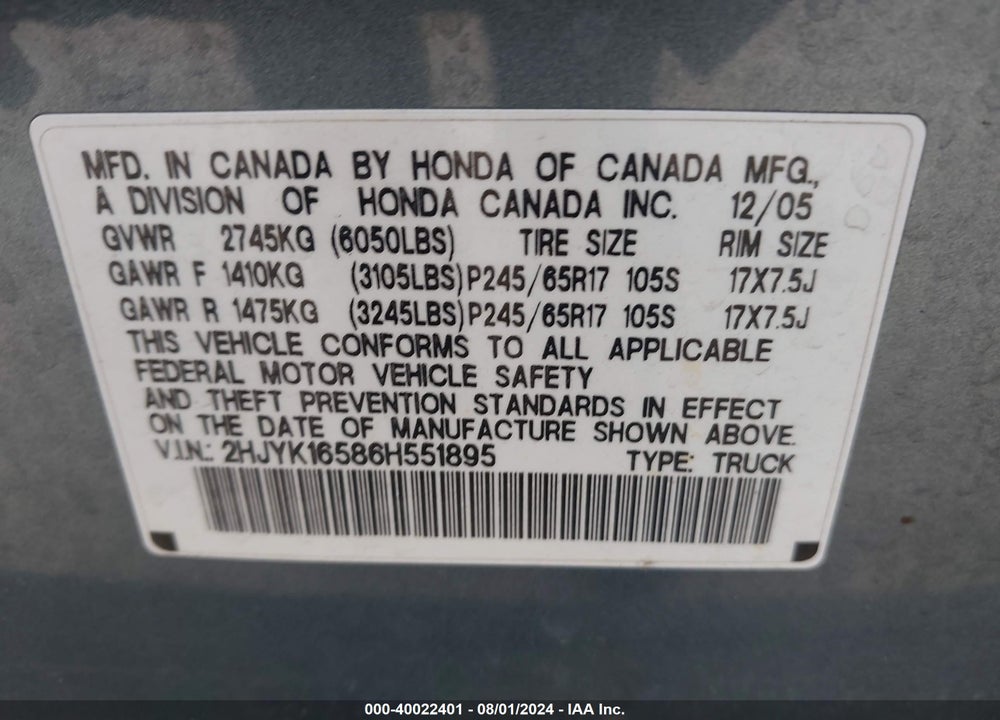 2006 HONDA RIDGELINE RTL VIN: 2HJYK16586H551895