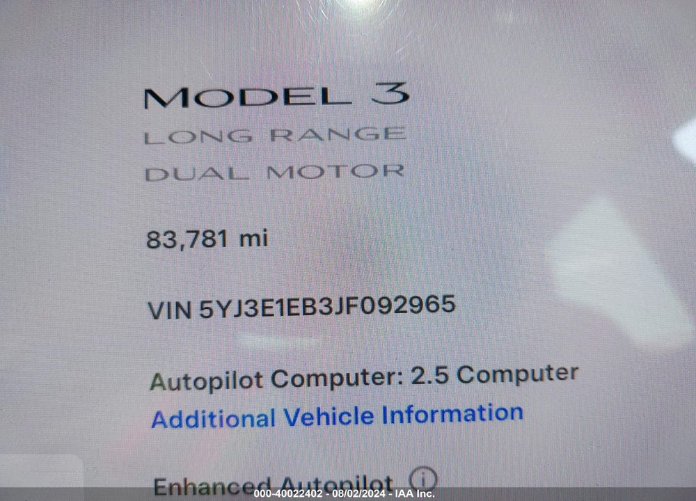 2018 TESLA MODEL 3 LONG RANGE/PERFORMANCE VIN: 5YJ3E1EB3JF092965