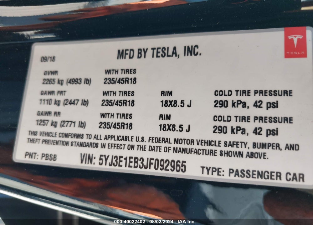 2018 TESLA MODEL 3 LONG RANGE/PERFORMANCE VIN: 5YJ3E1EB3JF092965