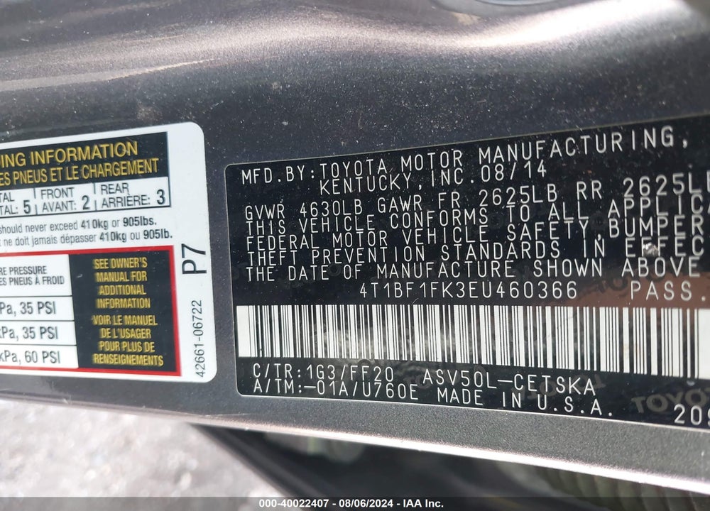 2014 TOYOTA CAMRY SE VIN: 4T1BF1FK3EU460366