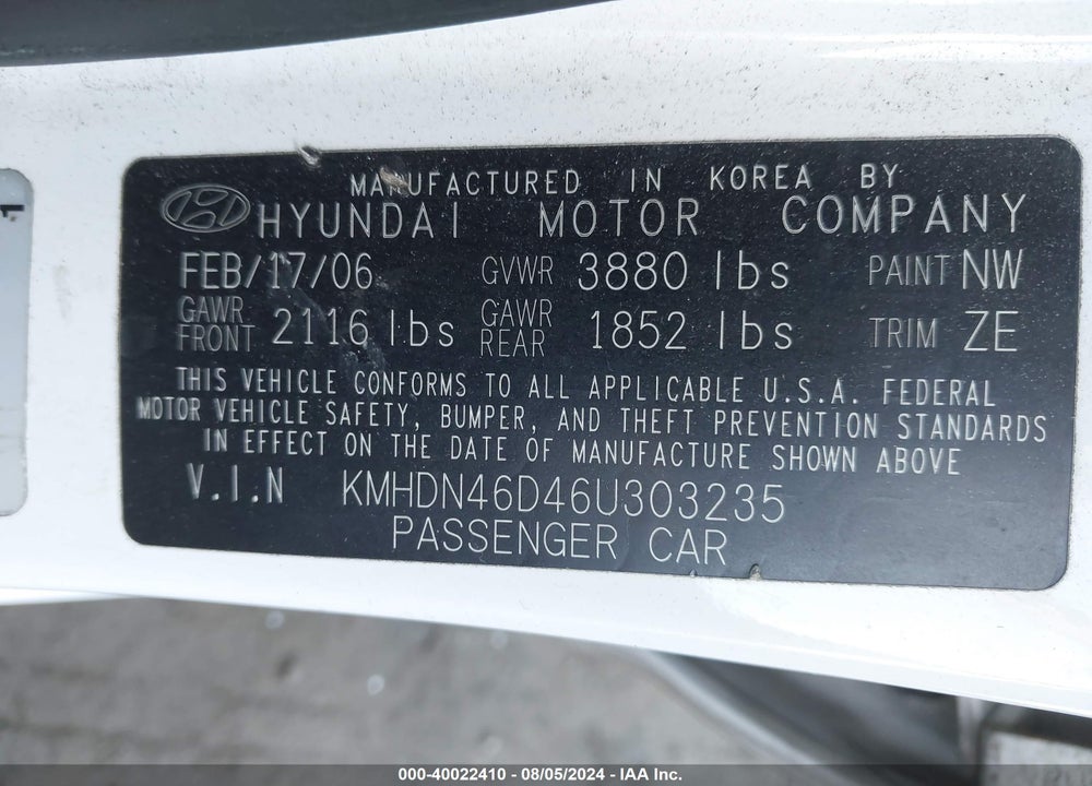 2006 HYUNDAI ELANTRA GLS/LIMITED VIN: KMHDN46D46U303235
