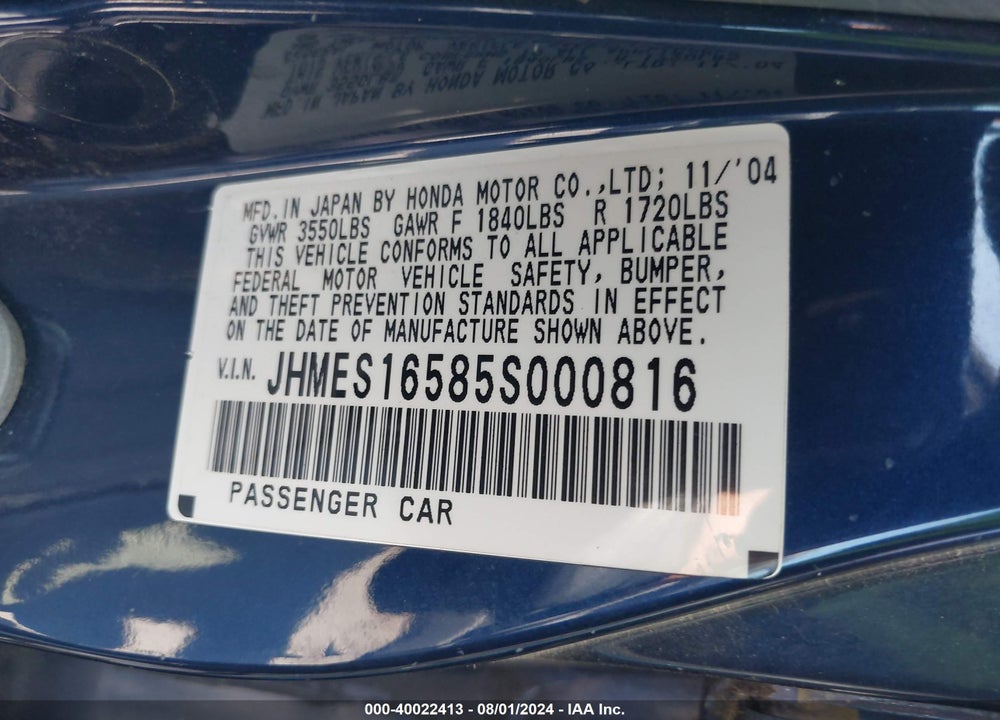 2005 HONDA CIVIC LX VIN: JHMES16585S000816
