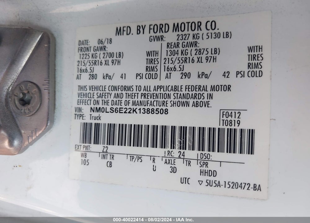 2019 FORD TRANSIT CONNECT XL VIN: NM0LS6E22K1388508