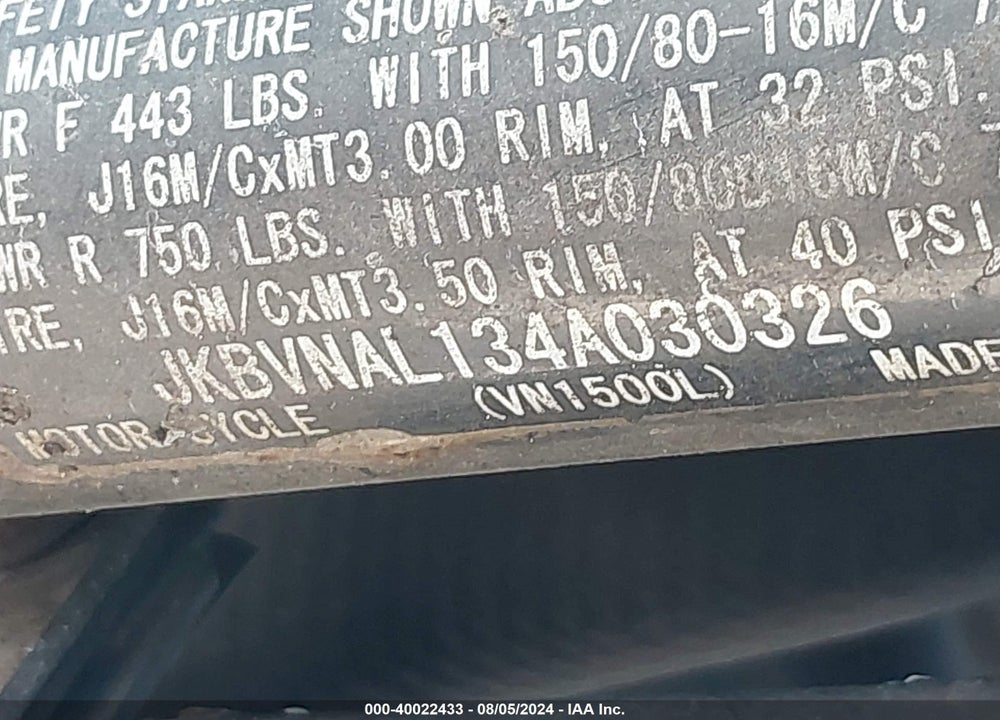 2004 KAWASAKI VN1500 L VIN: JKBVNAL134A030326