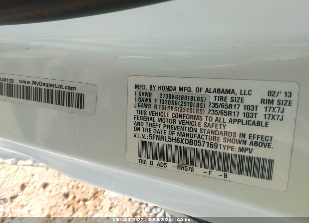 2013 HONDA ODYSSEY EX-L VIN: 5FNRL5H6XDB057169